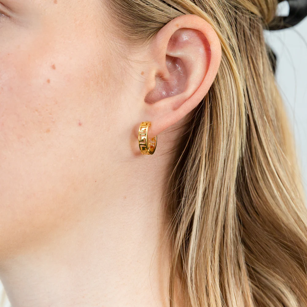Sterling Silver Gold Plated Greek Key Hoop Earrings - Image 2