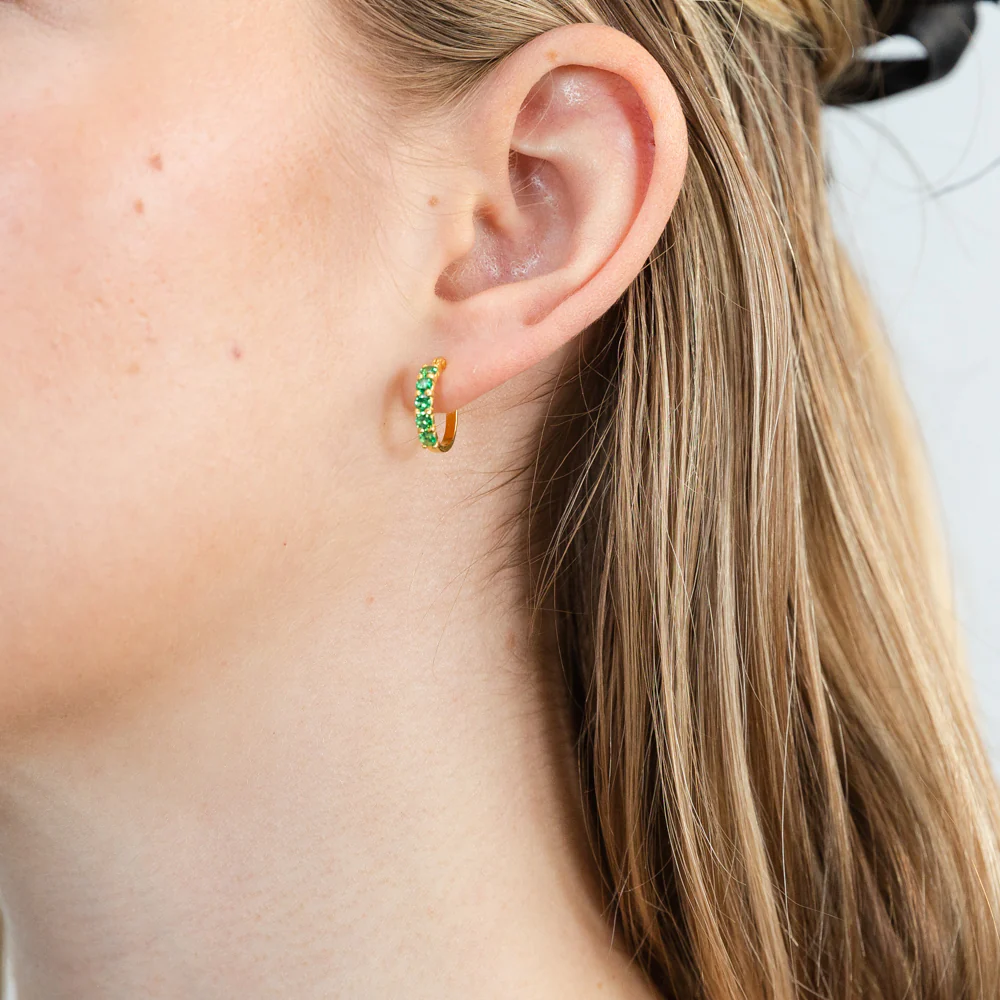 Sterling Silver Gold Plated Green Created Semi Precious Stones Hoop Earrings - Image 2
