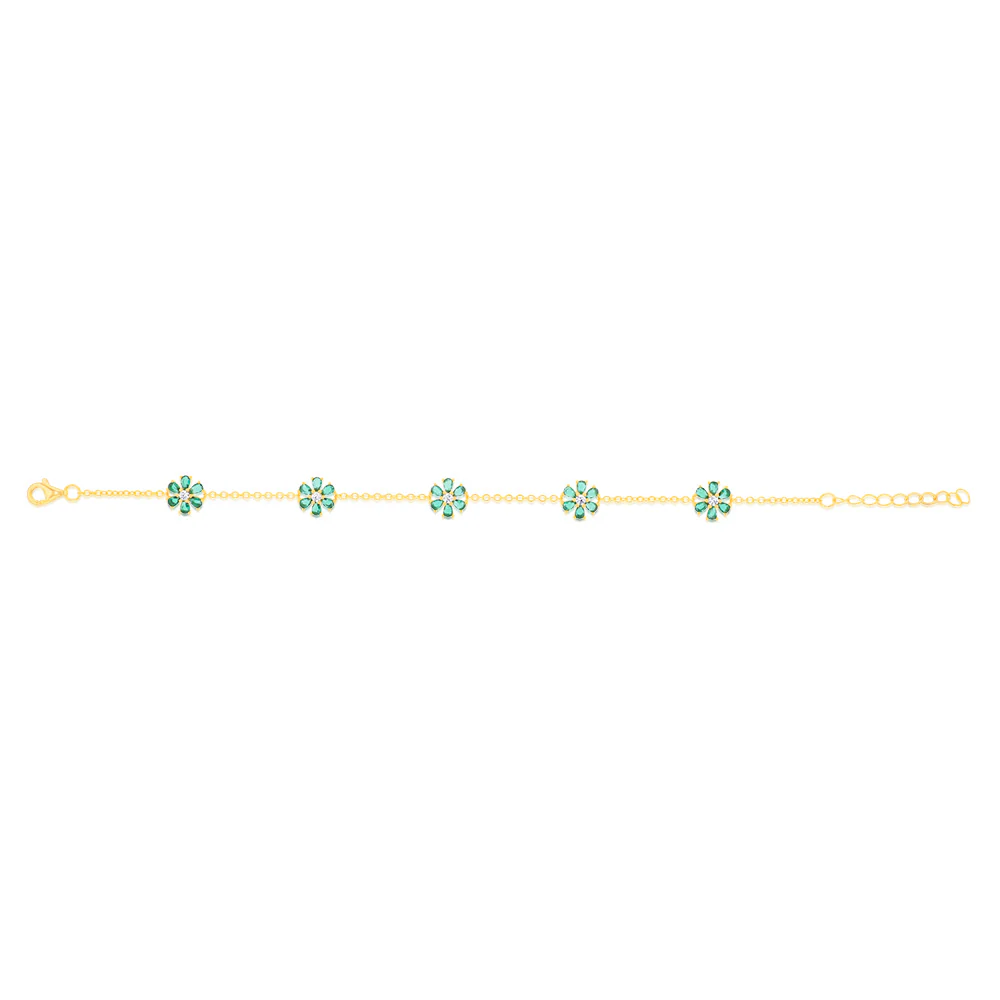 Sterling Silver Gold Plated Green Cubic Zirconia Flower Charm Bracelet - Image 2