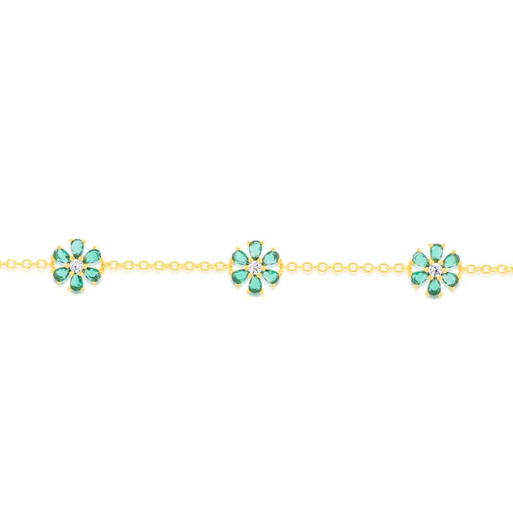 Sterling Silver Gold Plated Green Cubic Zirconia Flower Charm Bracelet - Image 3