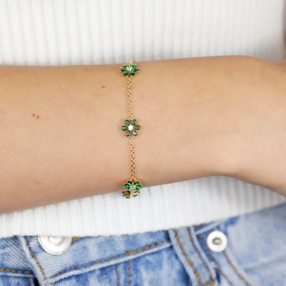 Sterling Silver Gold Plated Green Cubic Zirconia Flower Charm Bracelet - Image 4