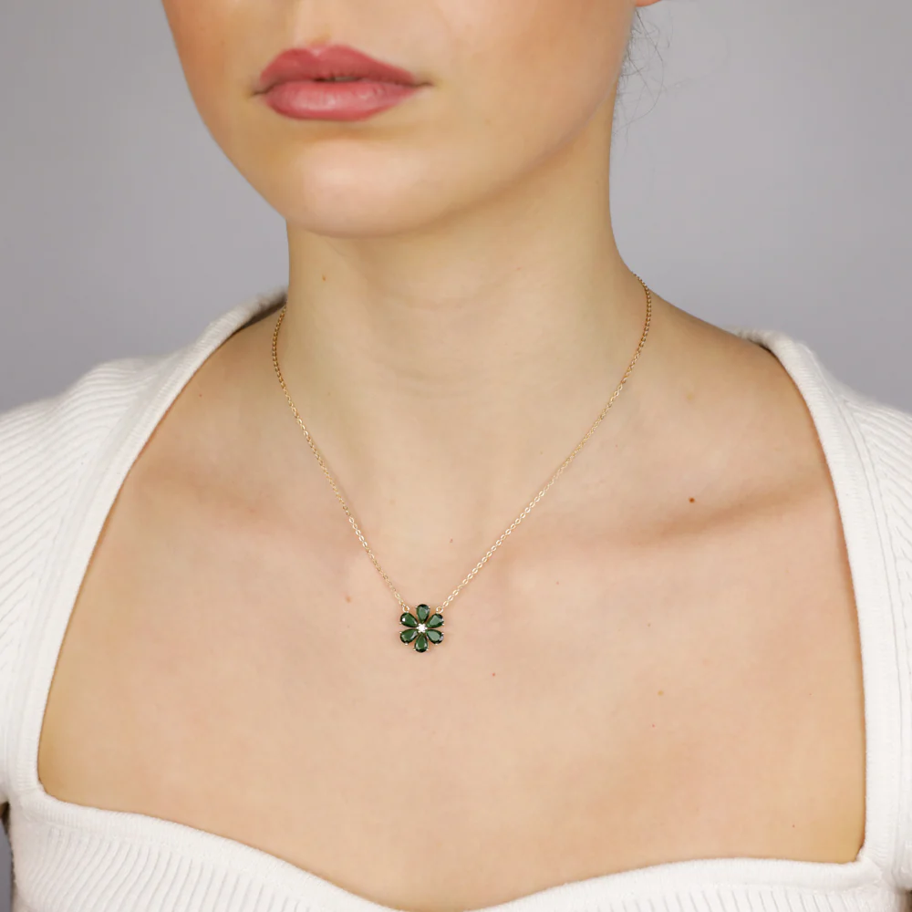 Sterling Silver Gold Plated Green Cubic Zirconia Flower Pendant On Chain - Image 2
