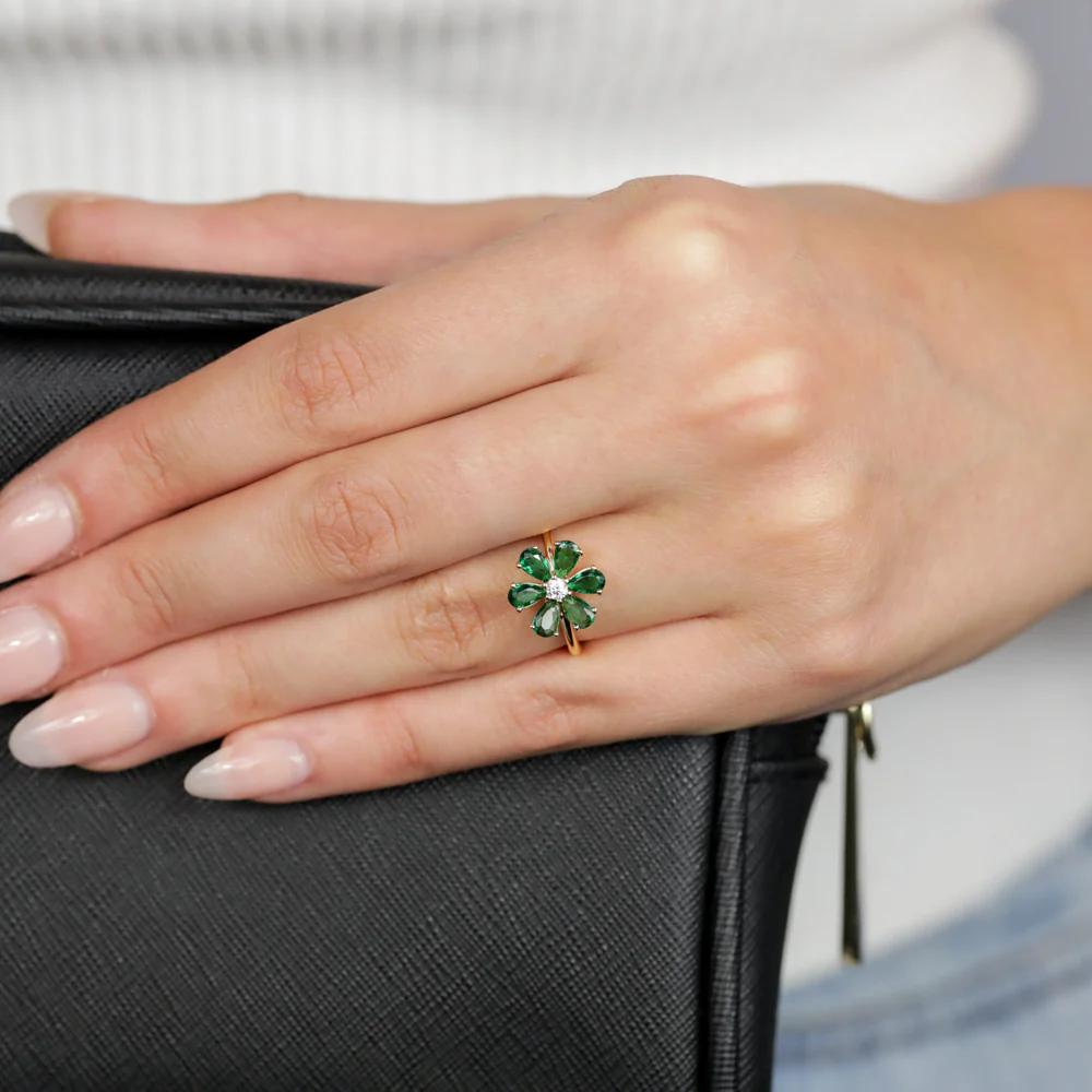 Sterling Silver Gold Plated Green Cubic Zirconia Flower Ring - Image 3