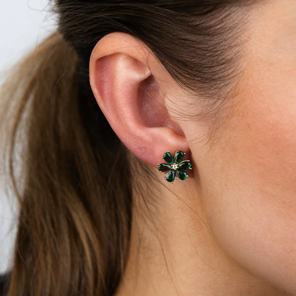 Sterling Silver Gold Plated Green Cubic Zirconia Flower Stud Earrings - Image 2