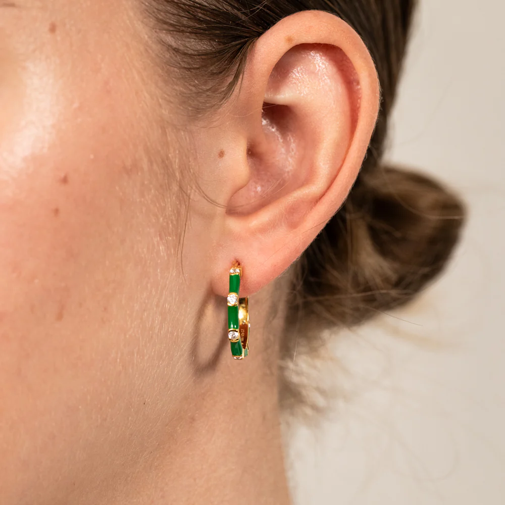 Sterling Silver Gold Plated Green Enamel And Zirconia 20mm Hoop Earrings - Image 2