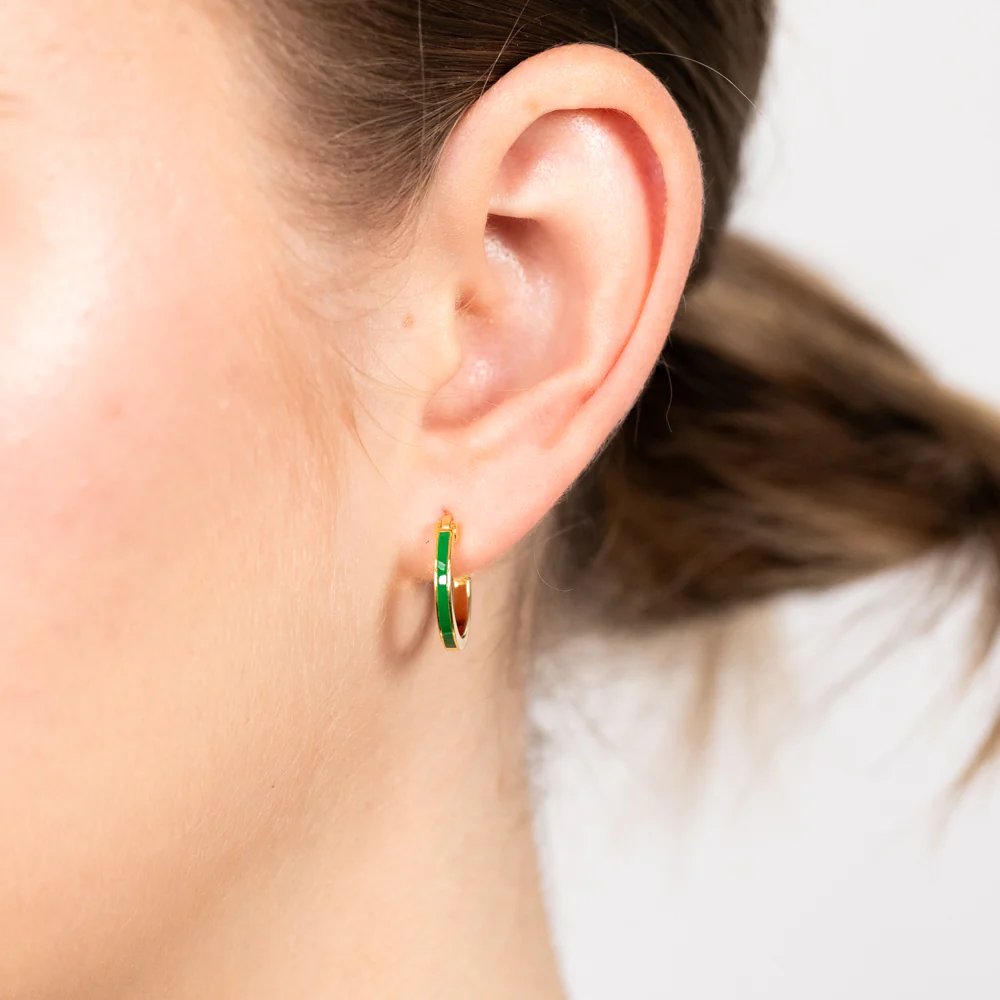 Sterling Silver Gold Plated Green Enamel Hoop Earrings - Image 2