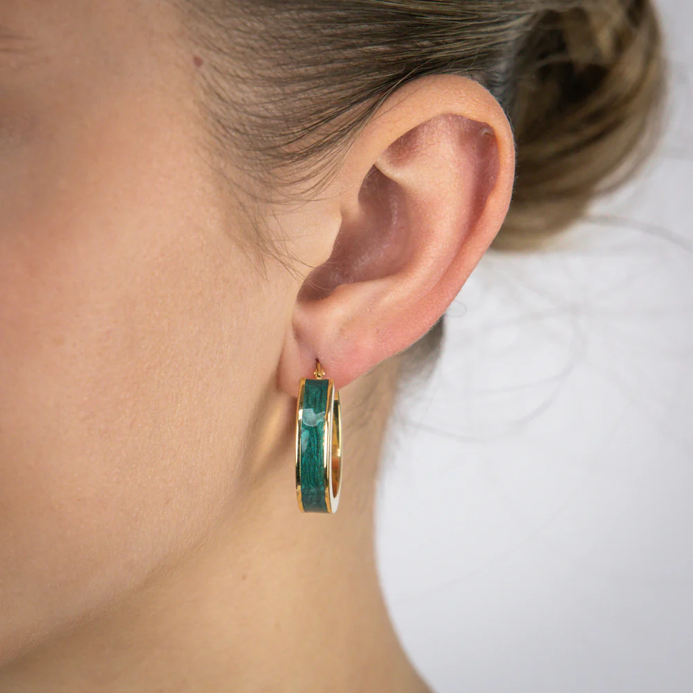 Sterling Silver Gold Plated Green Enamel Round 20mm Hoop Earrings - Image 2