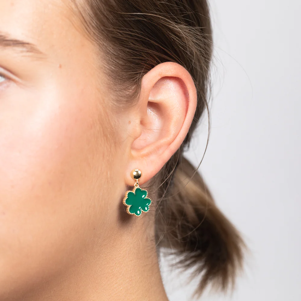 Sterling Silver Gold Plated Green Four Leaf Enamel Flower Drop Earrings - Image 2