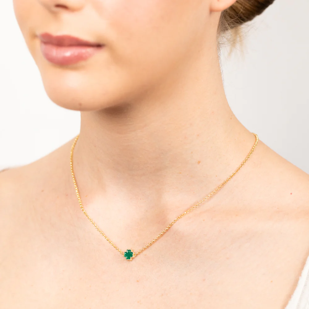 Sterling Silver Gold Plated Green Four Leaf Enamel Flower Pendant On chain - Image 2