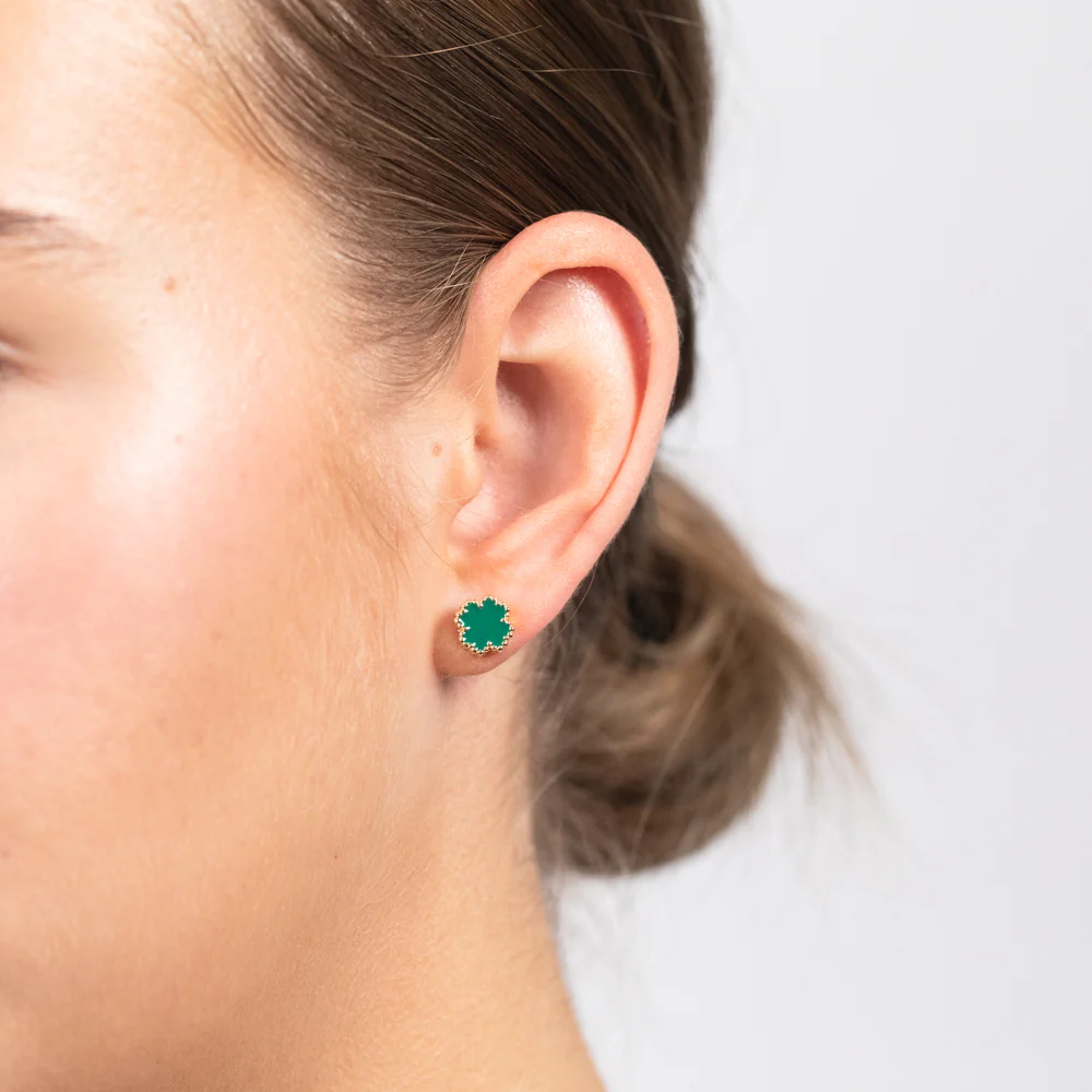 Sterling Silver Gold Plated Green Four Leaf Enamel Flower Stud Earrings - Image 2