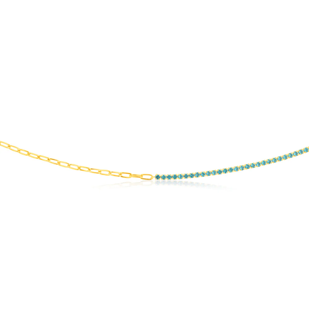 Sterling Silver Gold Plated Greenish Blue Zirconia Paperclip 45.7cm Chain - Image 2