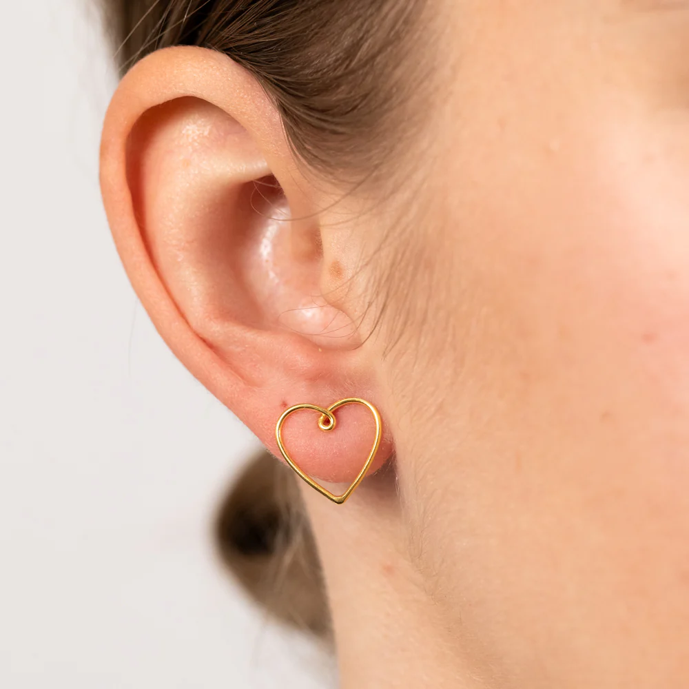 Sterling Silver Gold-Plated Heart Outline Stud Earrings - Image 2