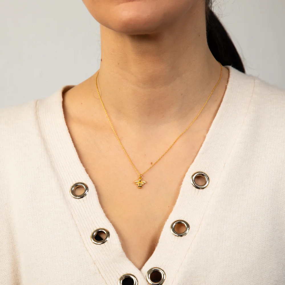 Sterling Silver Gold Plated Honey Bee Black & White Zirconia Pendant With 45cm Chain - Image 2