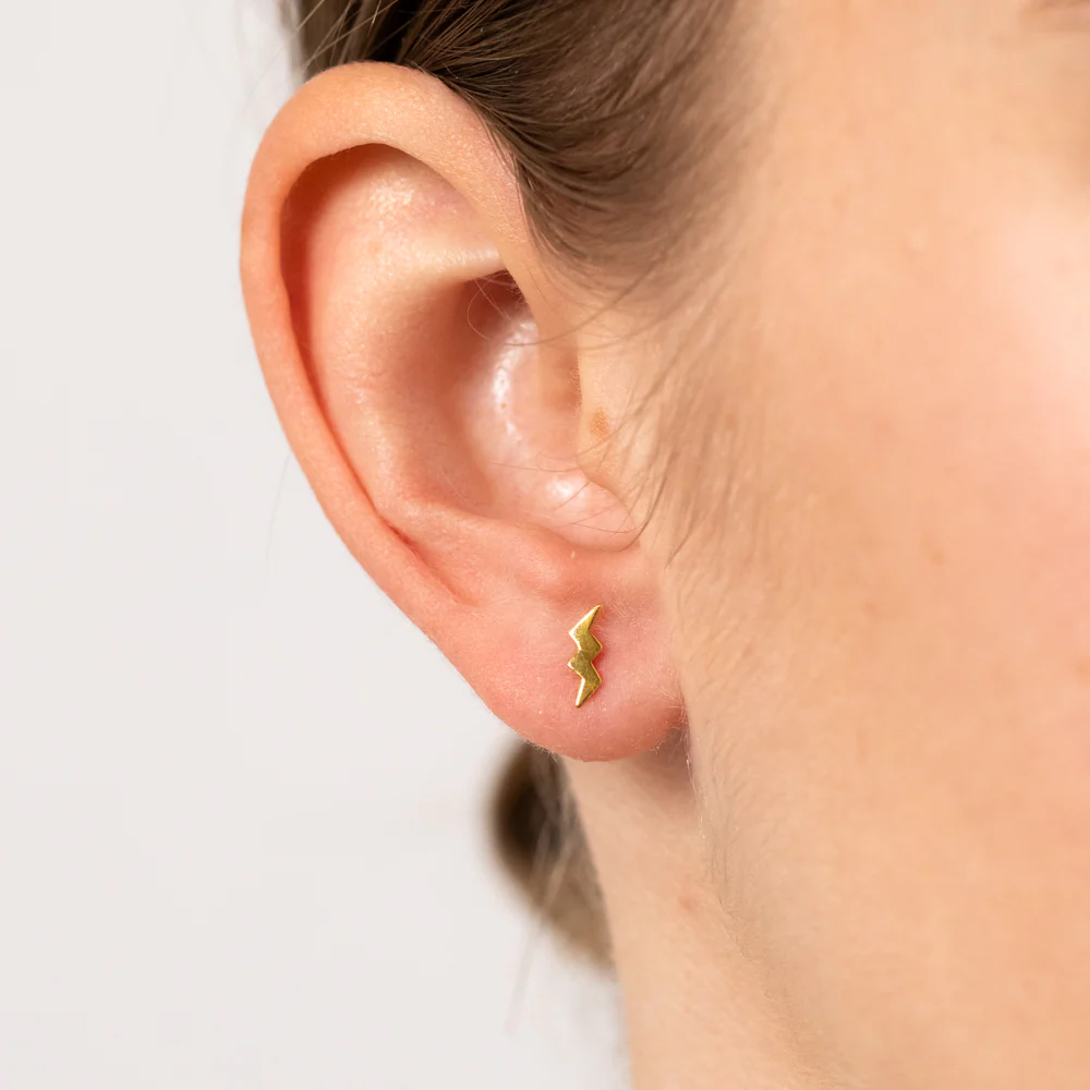 Sterling Silver Gold Plated Lightning Bolt Stud Earrings - Image 2