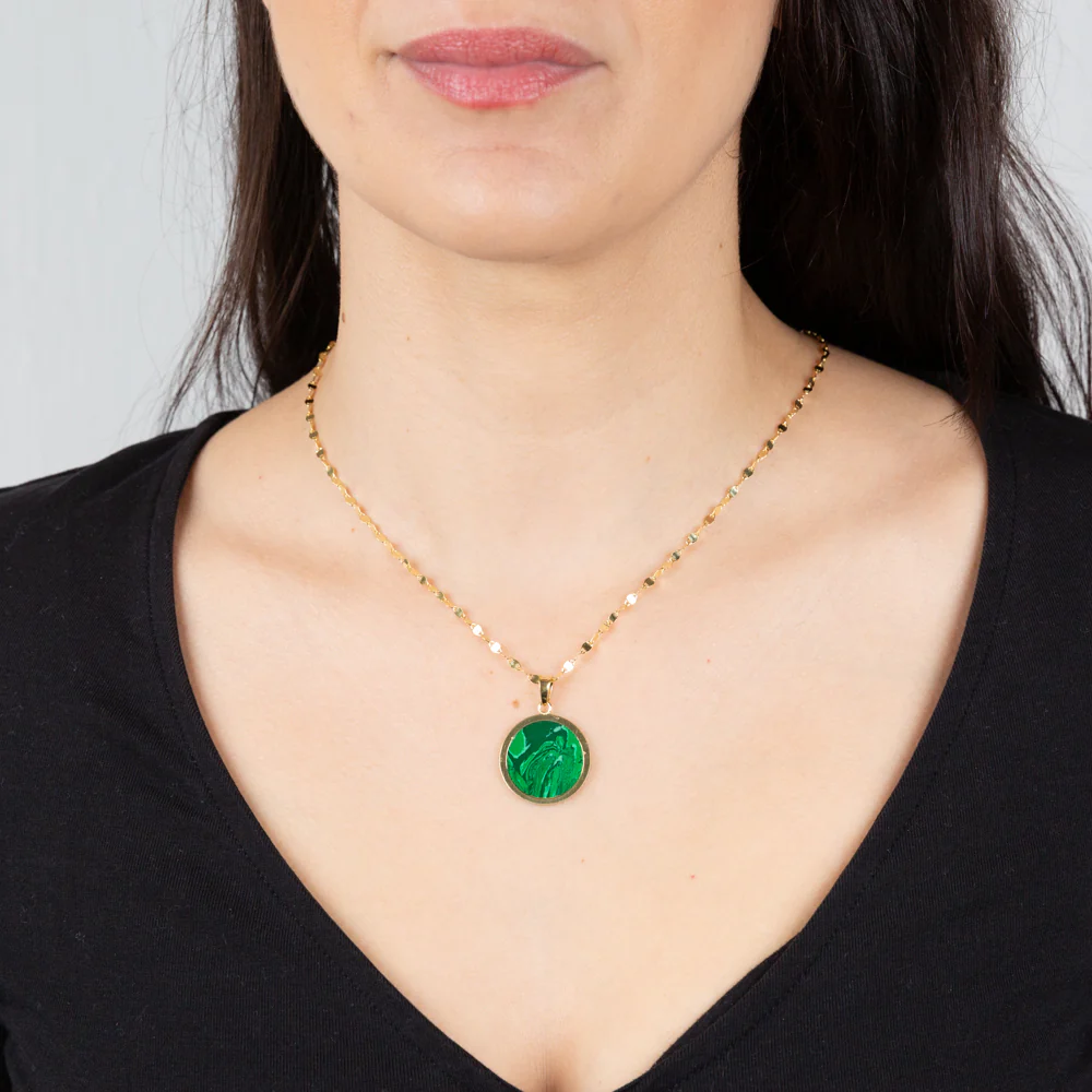 Sterling Silver Gold Plated Malachite Round Pendant On 45cm Chain - Image 2