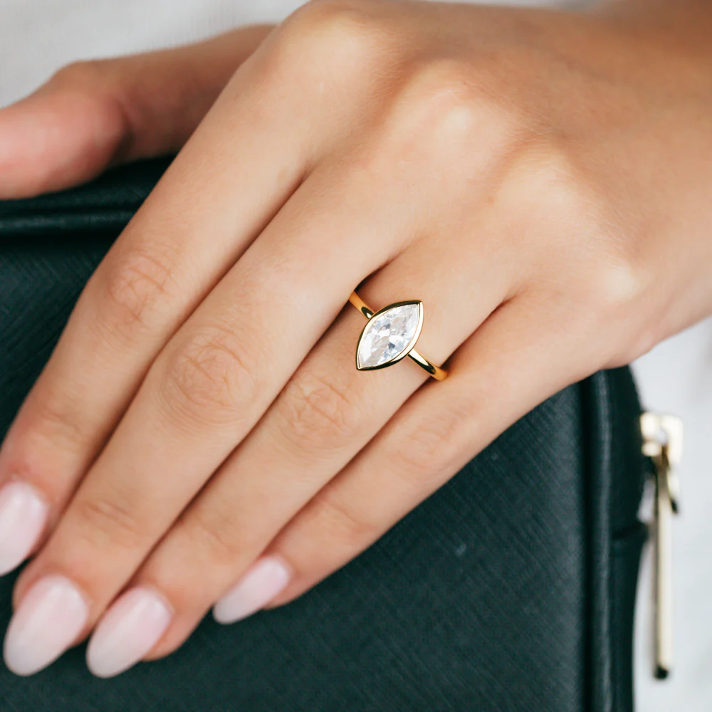 Sterling Silver Gold Plated Marquise Shaped White Zirconia Ring - Image 3