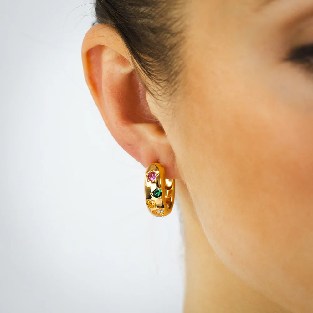 Sterling Silver Gold Plated Multicolour Cubic Zirconia Sleeper Earrings - Image 2