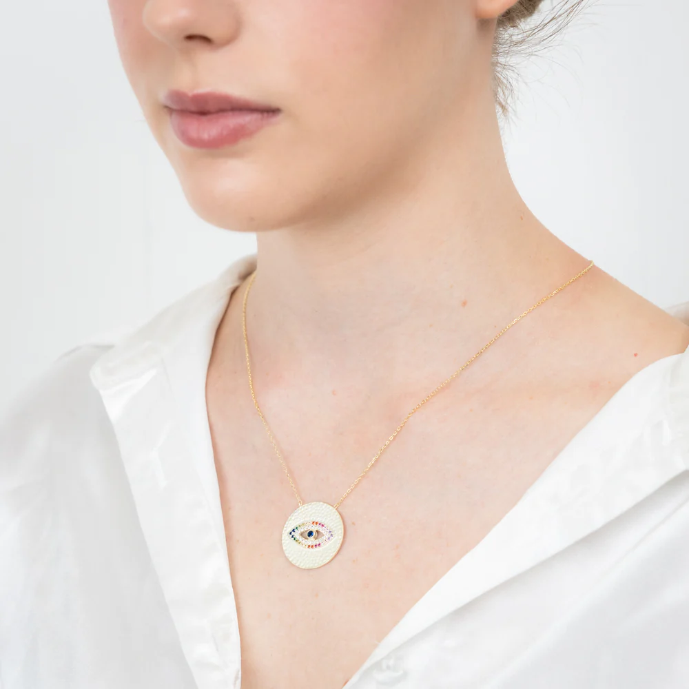 Sterling Silver Gold Plated Multicolour Zirconia Evil Eye Round Disc Pendant On 45cm Chain - Image 2