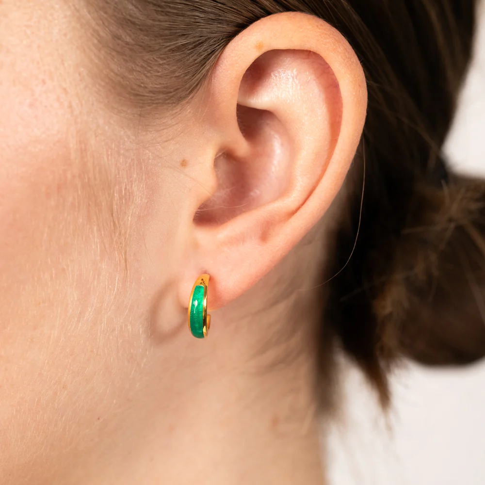 Sterling Silver Gold Plated Natural Green Agate Half Hoop Earrings - Image 2