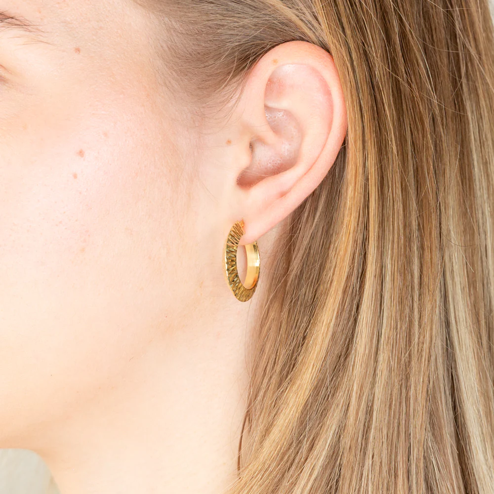 Sterling Silver Gold Plated Patterned 15mm Hoop Earrings - Image 2