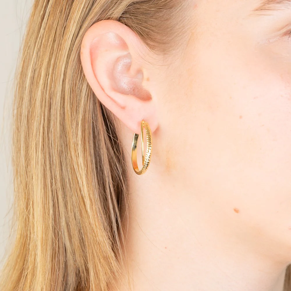 Sterling Silver Gold Plated Patterned Double Hoop Earrings - Image 2