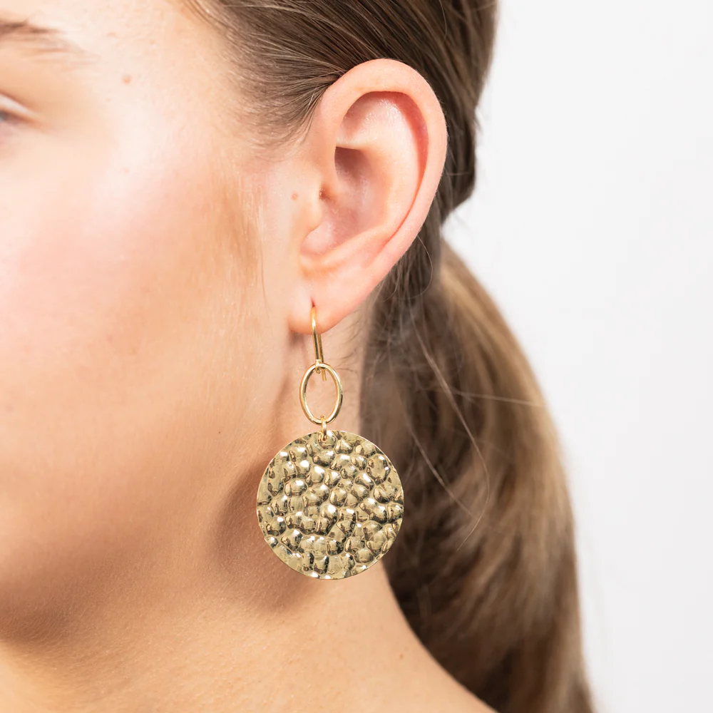 Sterling Silver Gold Plated Patterned Round Disc Hook Earrings - Image 3