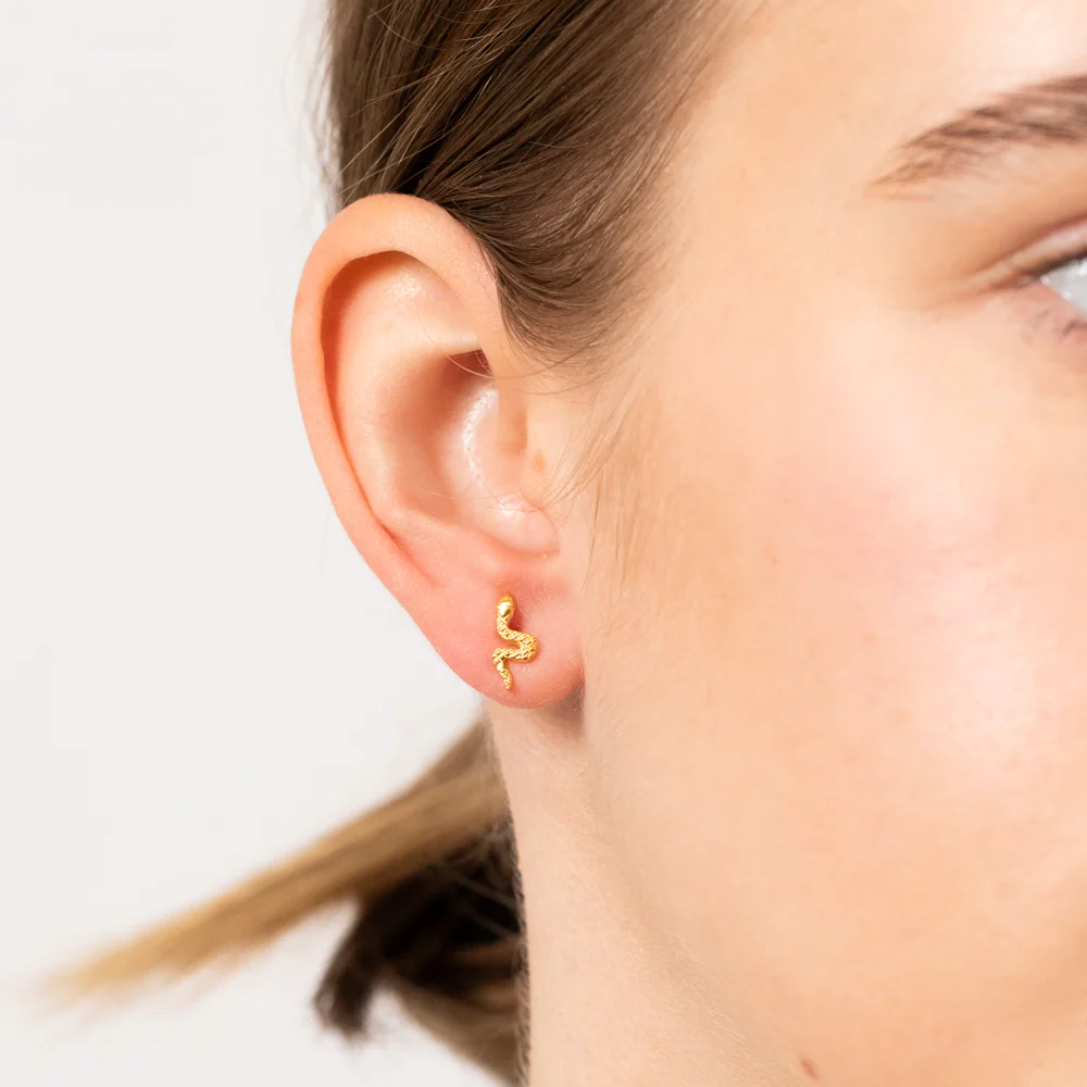 Sterling Silver Gold Plated Patterned Snake Stud Earrings - Image 2