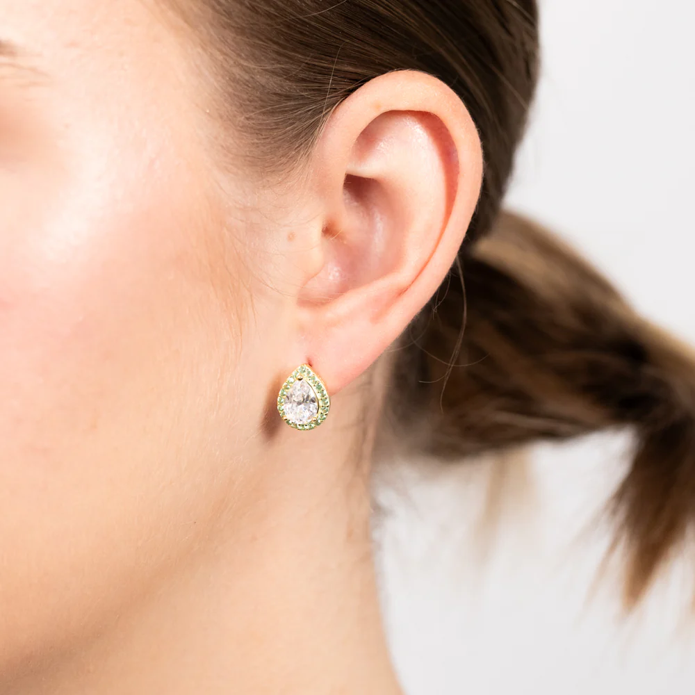 Sterling Silver Gold Plated Pear Shaped Green And White Zirconia Stud Earrings - Image 2