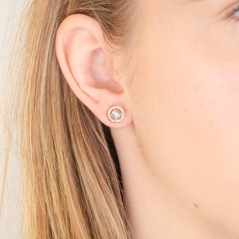 Sterling Silver Gold Plated Pink And White Cubic Zirconia Round Stud Earrings - Image 2