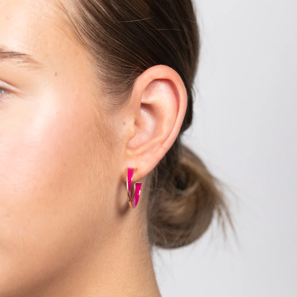 Sterling Silver Gold Plated Pink Enamel 3/4th Hoop Earrings - Image 2