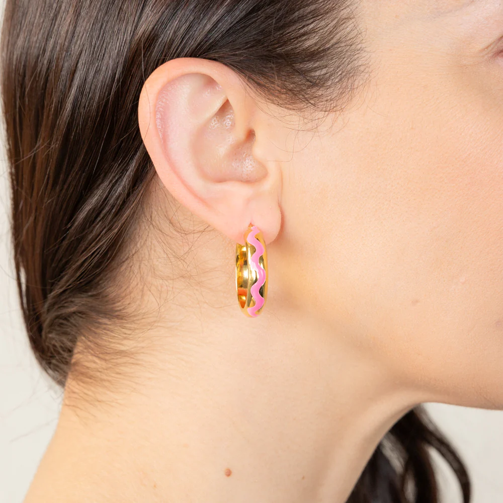 Sterling Silver Gold Plated Pink Enamel Hoop Earrings - Image 2