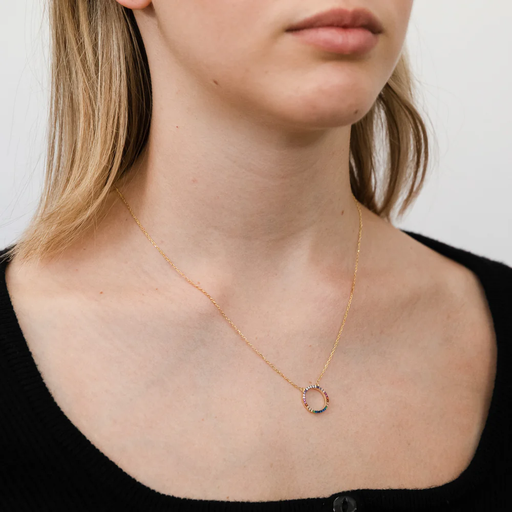Sterling Silver Gold Plated Rainbow Multicolour Cubic Zirconia Pendant On Chain - Image 2