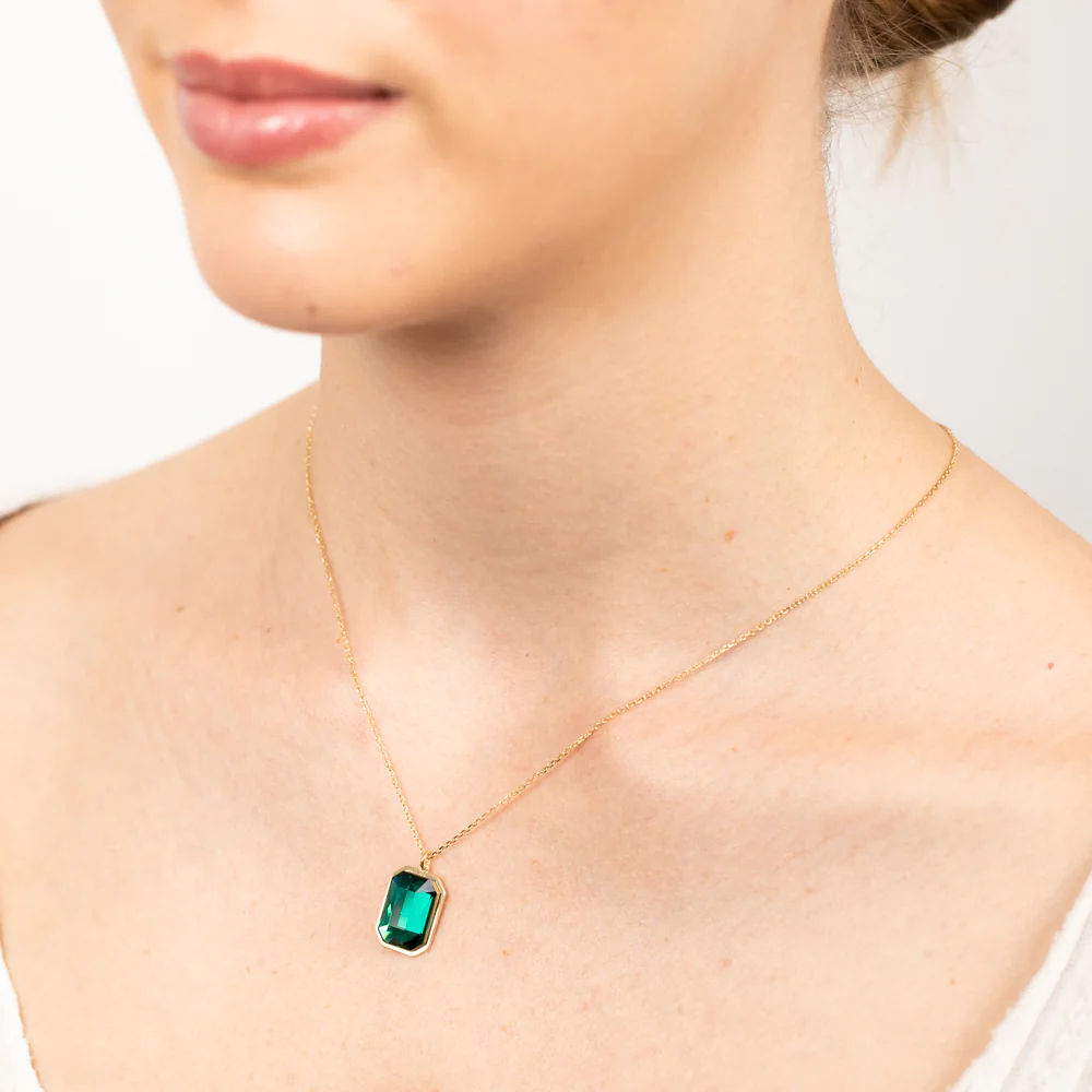 Sterling Silver Gold Plated Rectangle Emerald Green Crystal Pendant On Chain - Image 2
