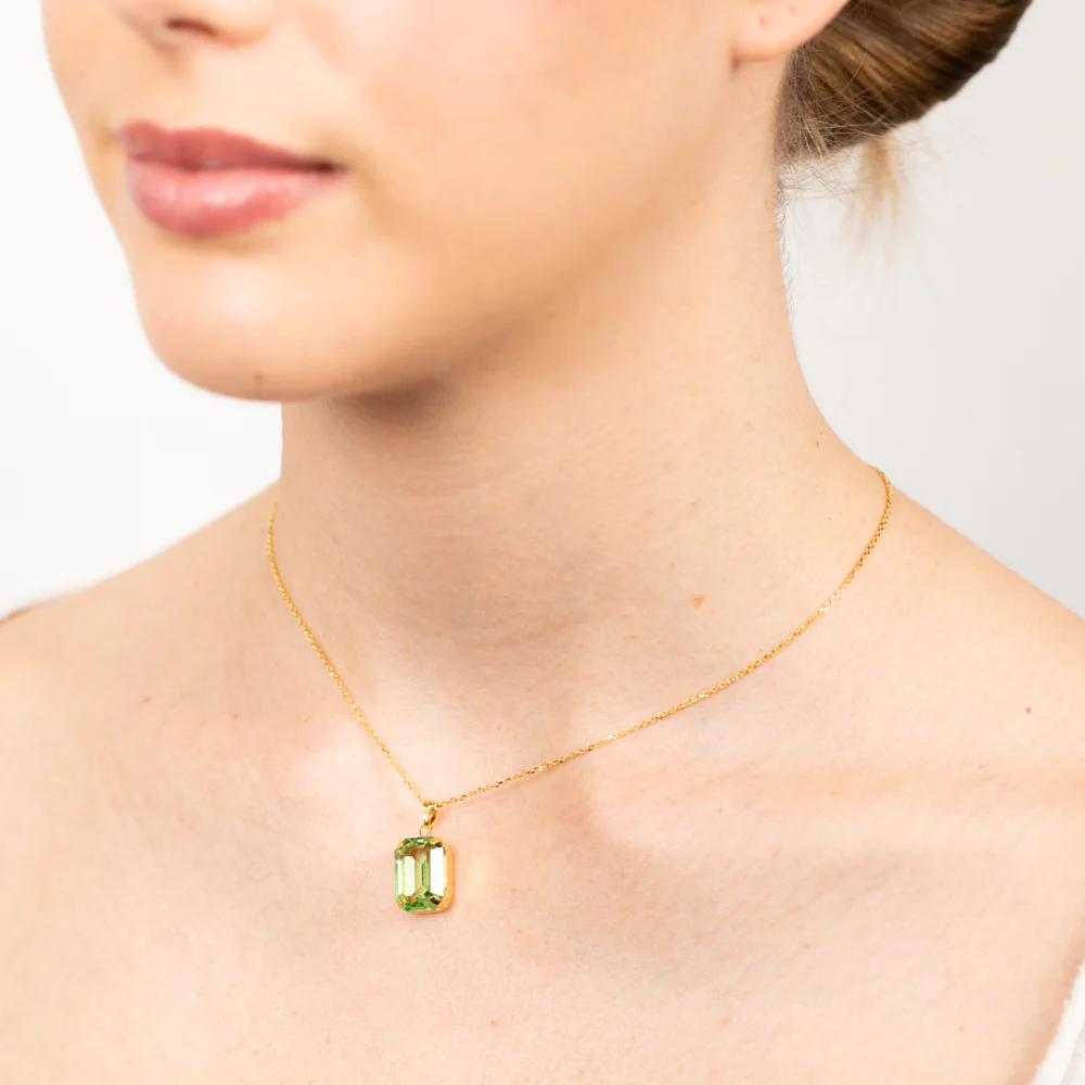 Sterling Silver Gold Plated Rectangle Green Crystal Pendant On Chain - Image 2