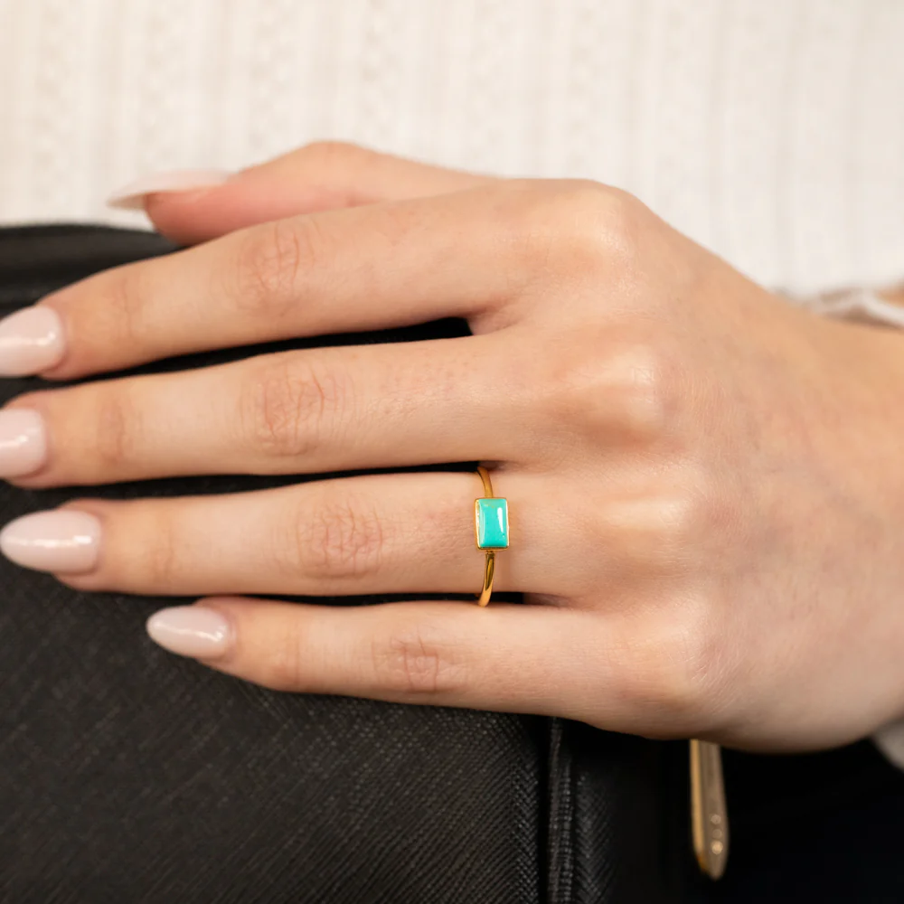 Sterling Silver Gold Plated Rectangle Natural Turquoise Ring - Image 3