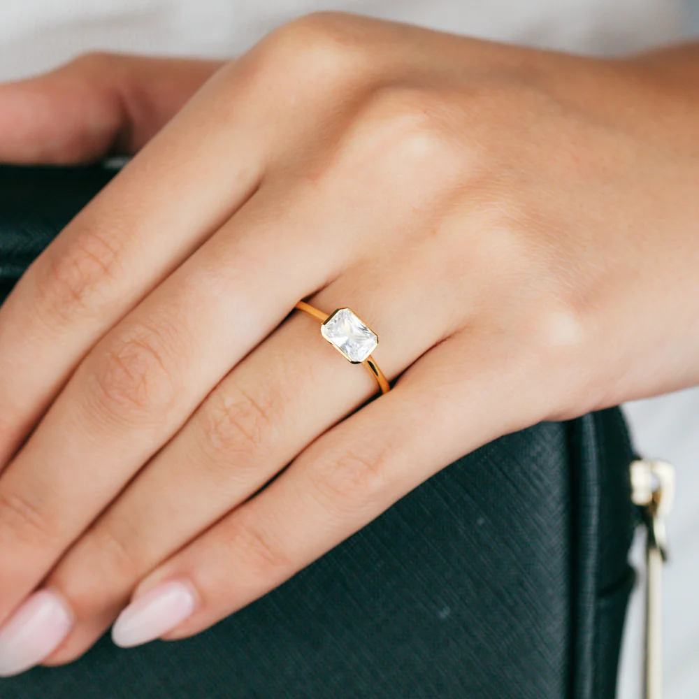 Sterling Silver Gold Plated Rectangle White Zirconia Ring - Image 3