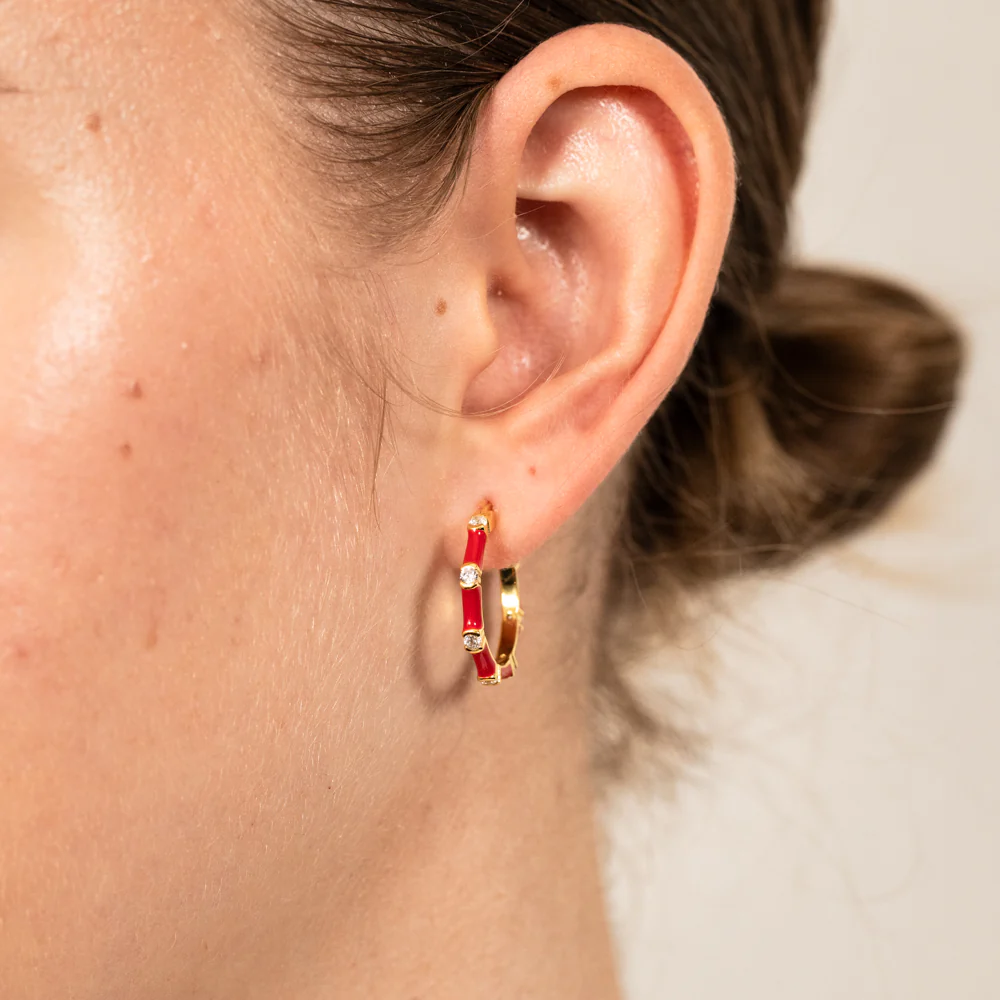 Sterling Silver Gold Plated Red Enamel And Zirconia Hoop Earrings - Image 2
