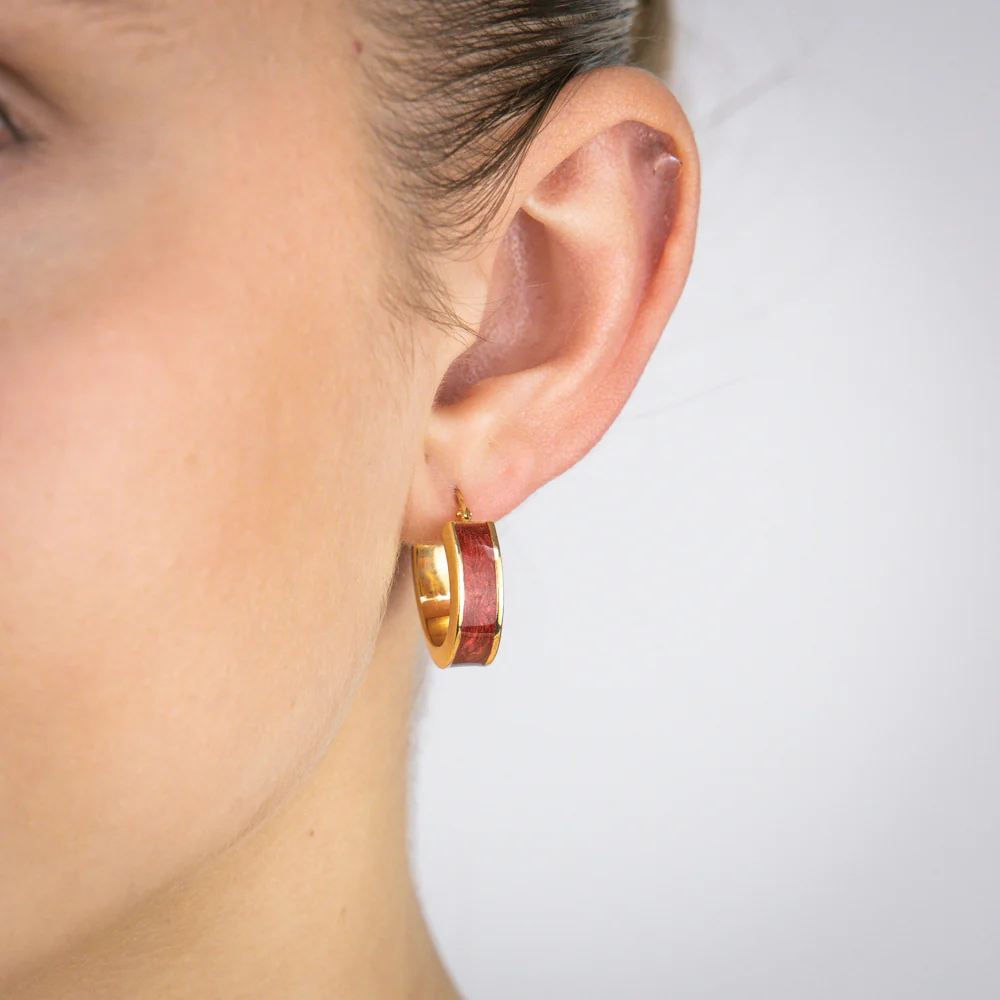 Sterling Silver Gold Plated Red Enamel Round 15mm Hoop Earrings - Image 2