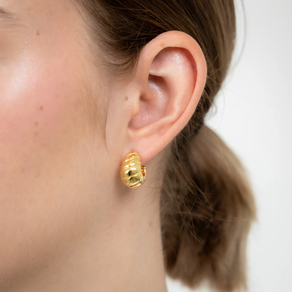 Sterling Silver Gold Plated Ribbed 3/4th Hoop Earrings - Image 2