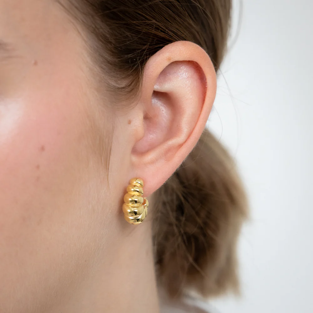 Sterling Silver Gold Plated Ribbed J Shaped 3/4th Hoop Earrings - Image 2