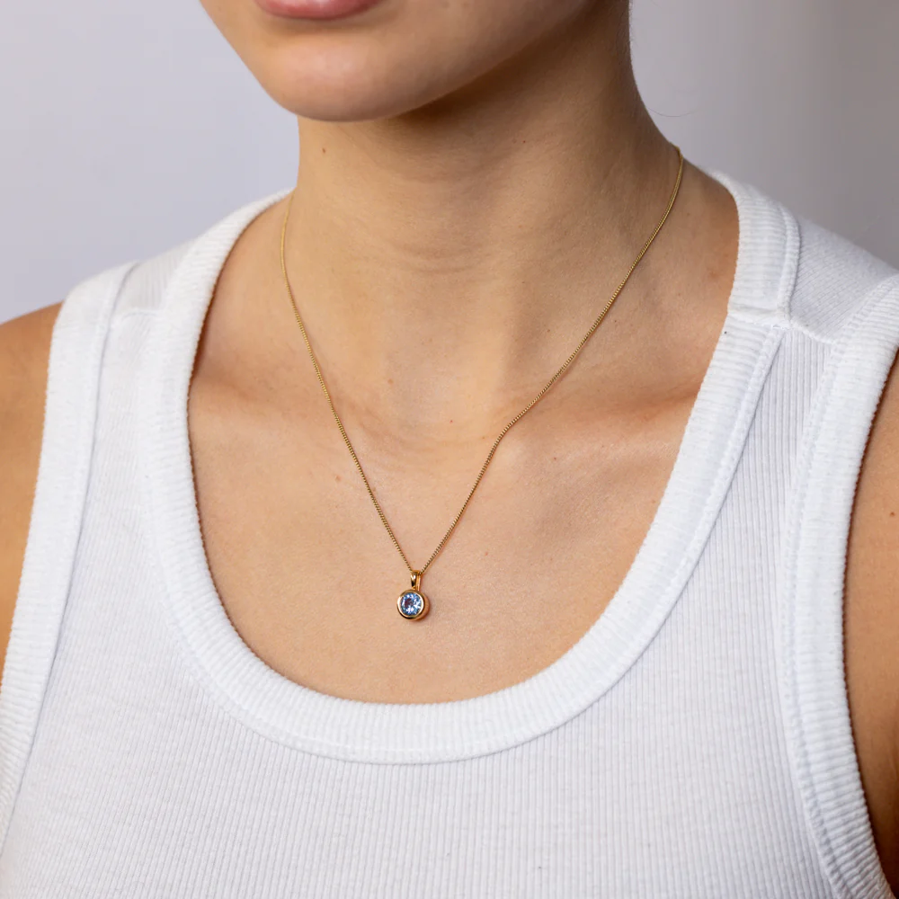 Sterling Silver Gold Plated Round Bezel Set Blue Cubic Zirconia Pendant - Image 2