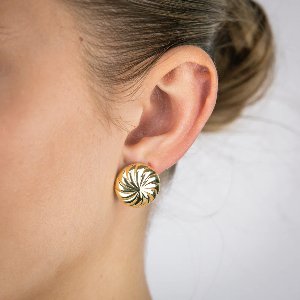 Sterling Silver Gold Plated Round Flower Pattern Stud Earrings - Image 2