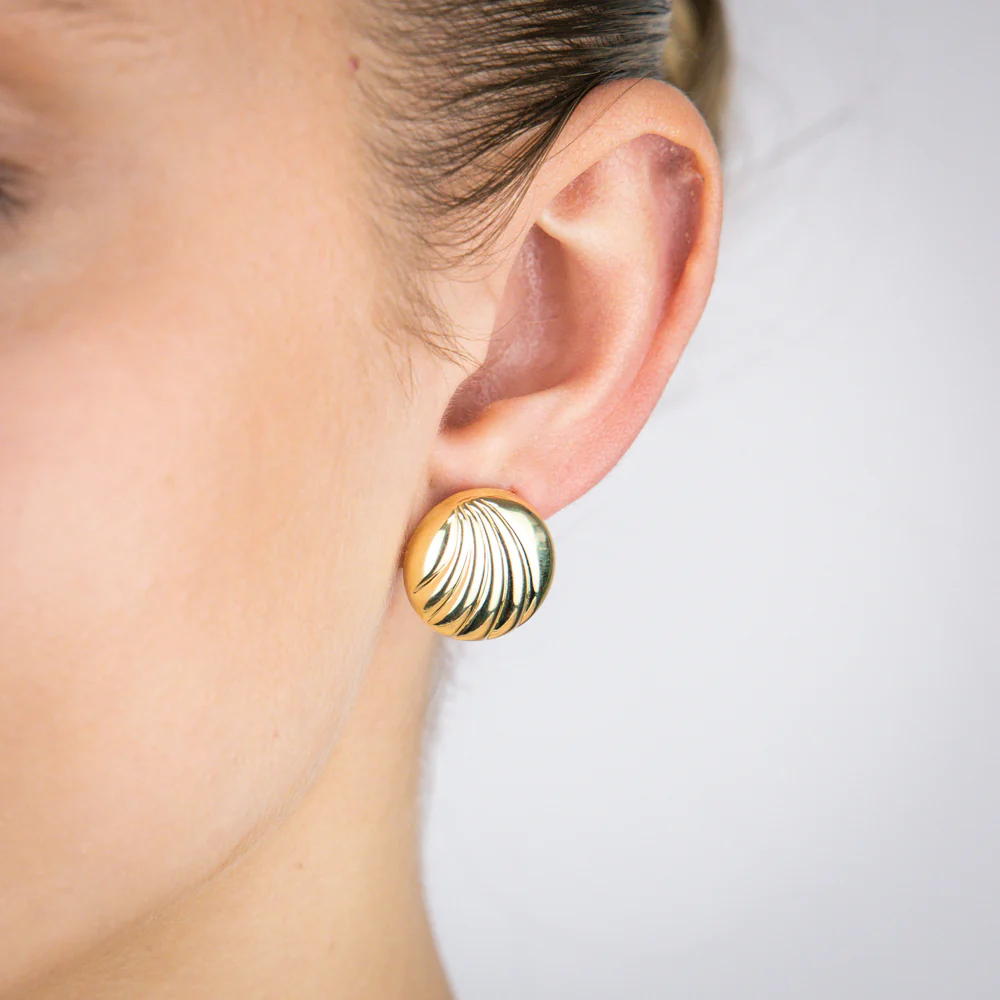 Sterling Silver Gold Plated Round Shell Pattern Stud Earrings - Image 2