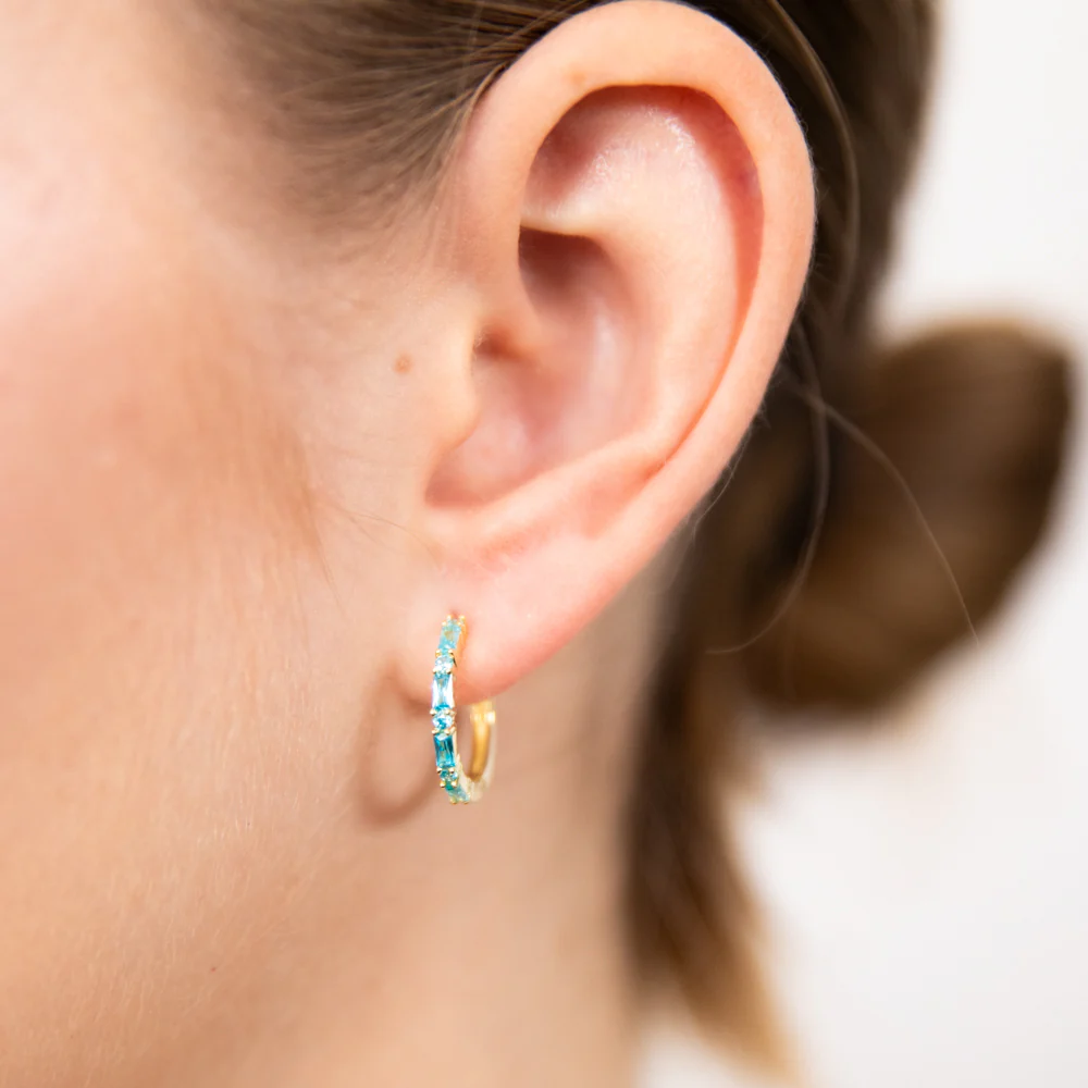 Sterling Silver Gold Plated Sky Blue Zirconia Hoop Earrings - Image 2