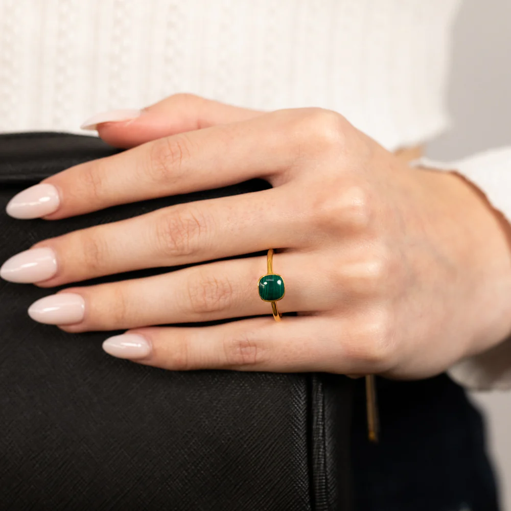 Sterling Silver Gold Plated Square Natural Malachite Ring - Image 3