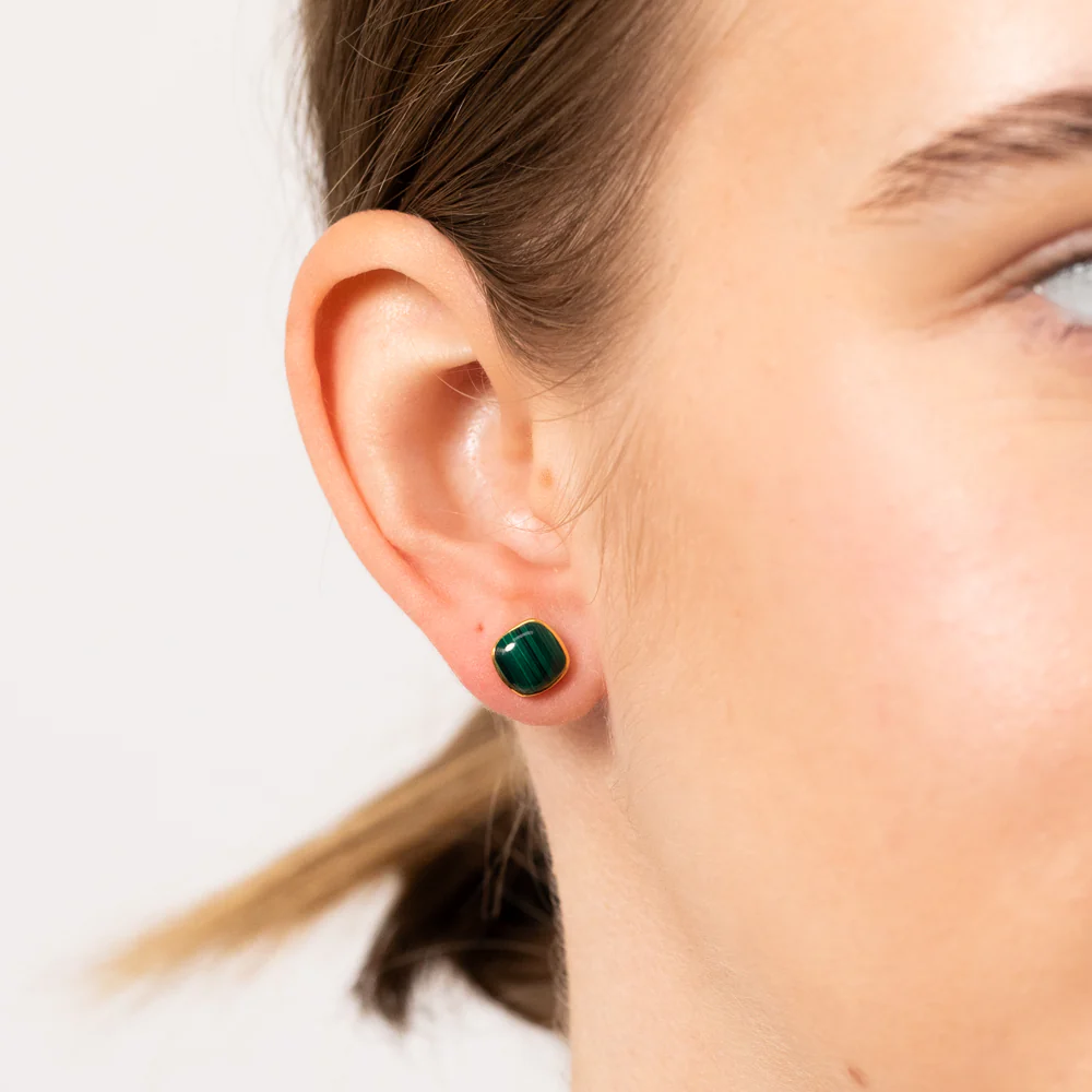 Sterling Silver Gold Plated Square Natural Malachite Stud Earrings - Image 2