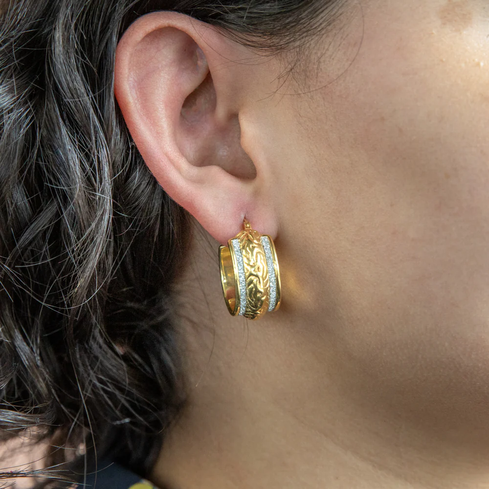 Sterling Silver Gold Plated Stardust Fancy Patterned Hoops - Image 2