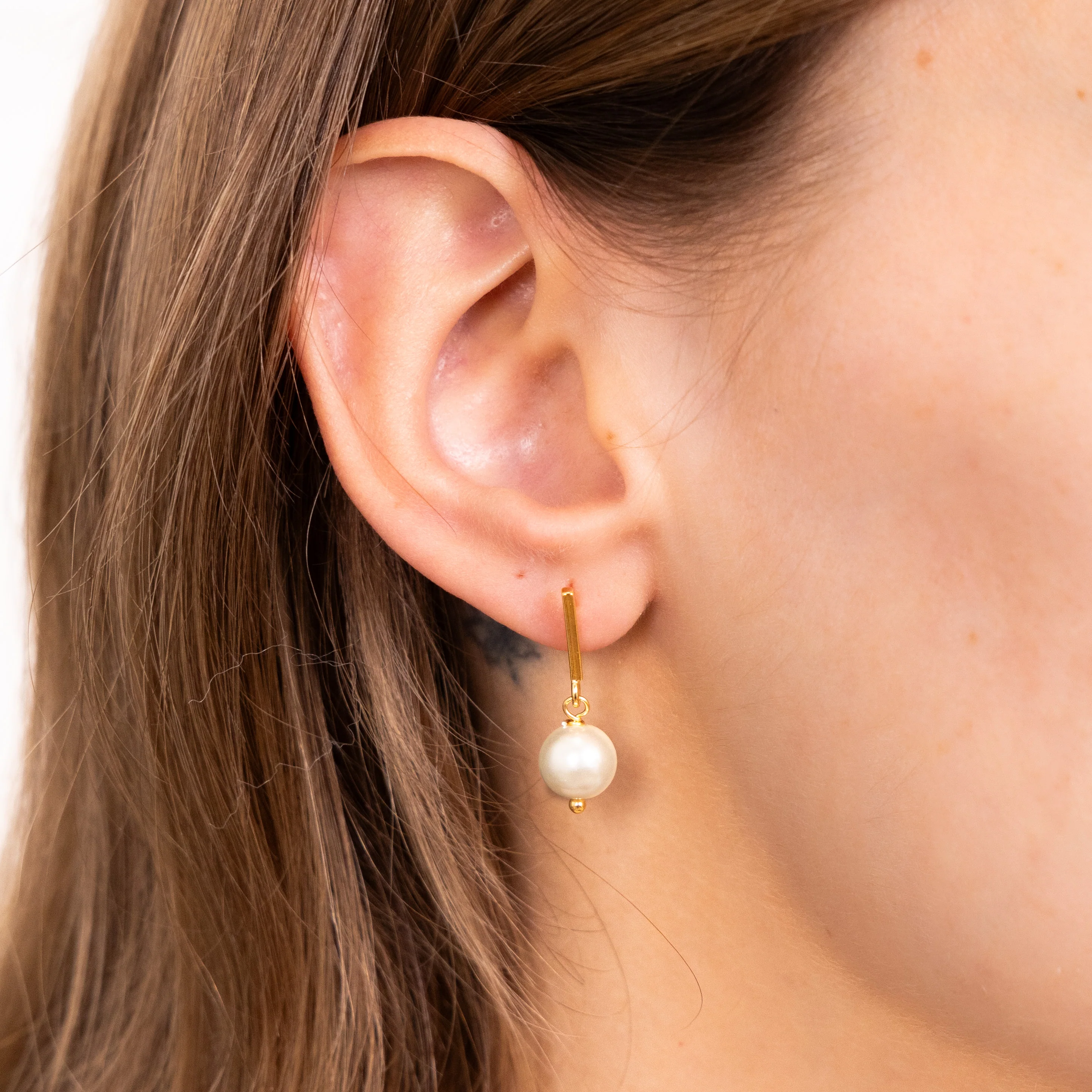 Sterling Silver Gold Plated Synthetic Pearl Drop Stud Earrings - Image 2