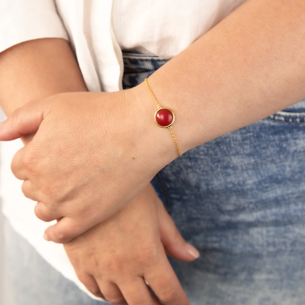 Sterling Silver Gold Plated Synthetic Red Coral Charm 16+3cm Bracelet - Image 3