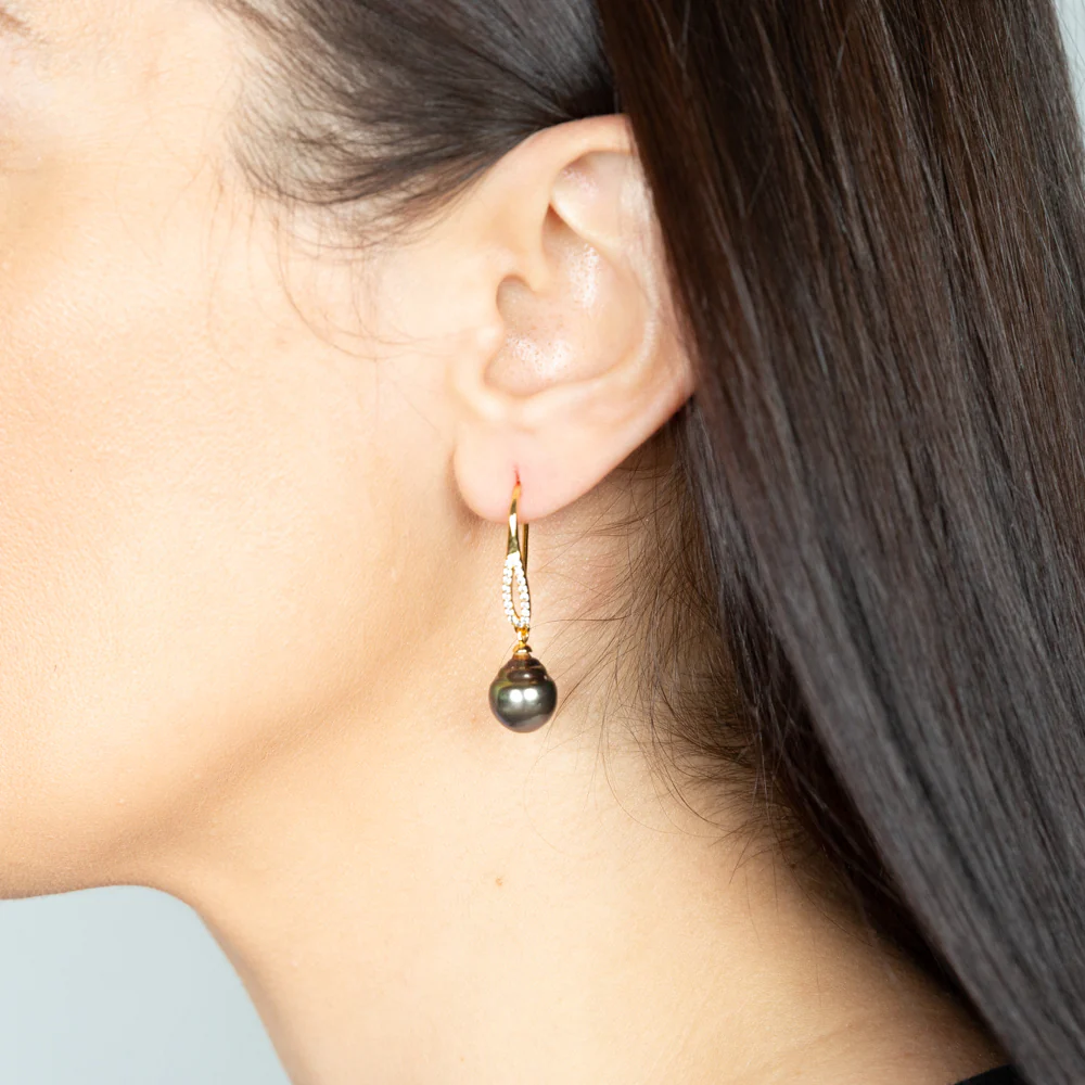 Sterling Silver Gold Plated Tahitian Pearl & Zirconia Drop Earrings - Image 2
